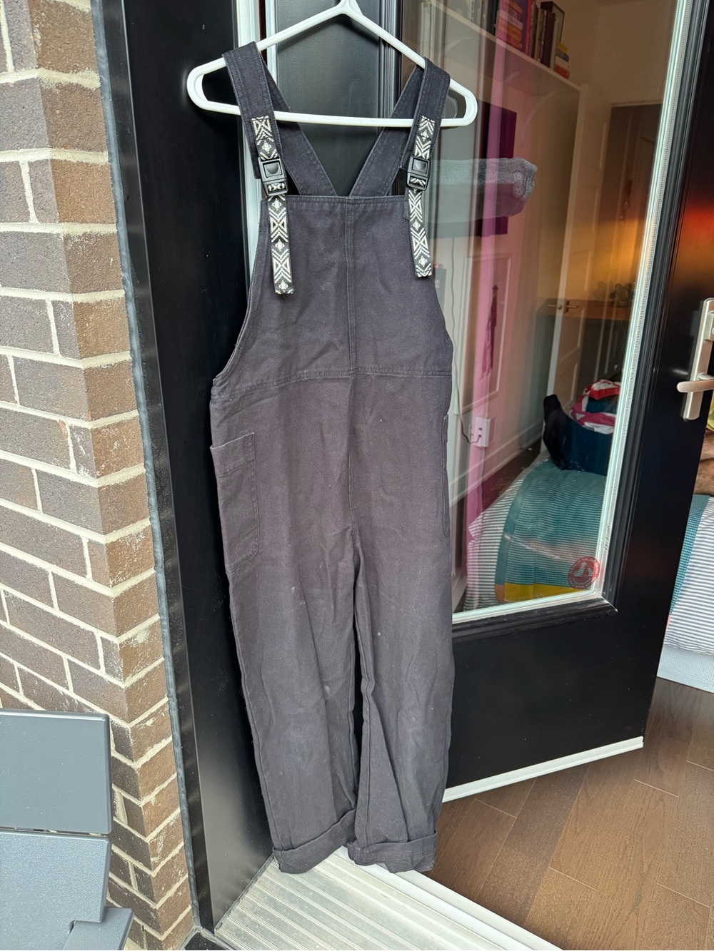KAVU Black Canvas Overalls Patterned Straps Size M